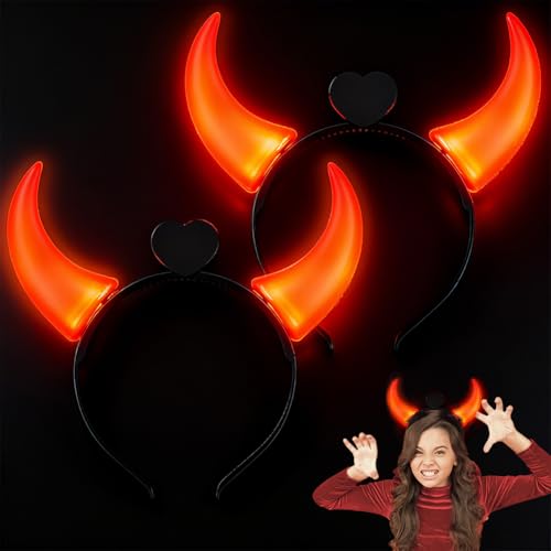 Alaoo 2PCS Devil Horns Head Band Halloween Devil Ears Carnival Hair Band Headdress with LED for Glow Hair Accessories for Halloween Masquerade and Role Play Black Red