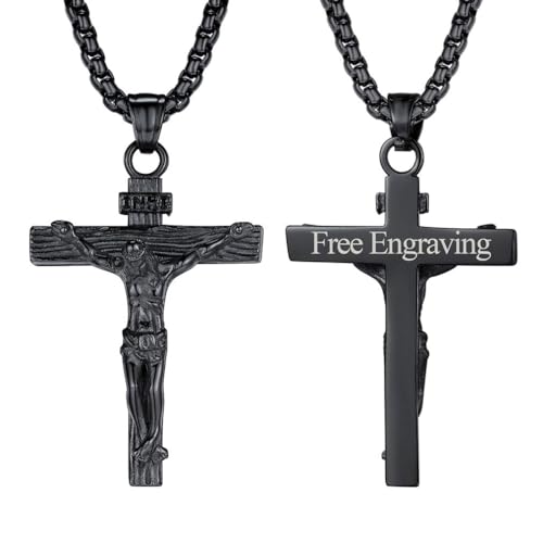 FaithHeart Cross Necklace for Men, Silver/Black/Gold Crucifix Necklace Stainless Steel Pendant with Cuban Chain Jesus Cross Necklaces Religious Gifts for Men