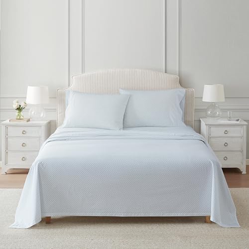 Image of Martha Stewart - Twin XL Size Sheet Set, Breathable Cotton Percale Bedding with Matching Pillowcase, Fully Elastic Fitted Sheet, Deep Pocket, Crisp & Cooling All-Season Comfort (Polka Dot Blue)