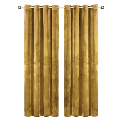 Oxford Homeware Ochre Blackout Curtains For Bedroom – 46X54 Inch Drop Crushed Velvet Curtains Ring Top - Thermal Insulated Eyelet Curtain For Living Room With 2 Tie Backs (116Cm X 137Cm)