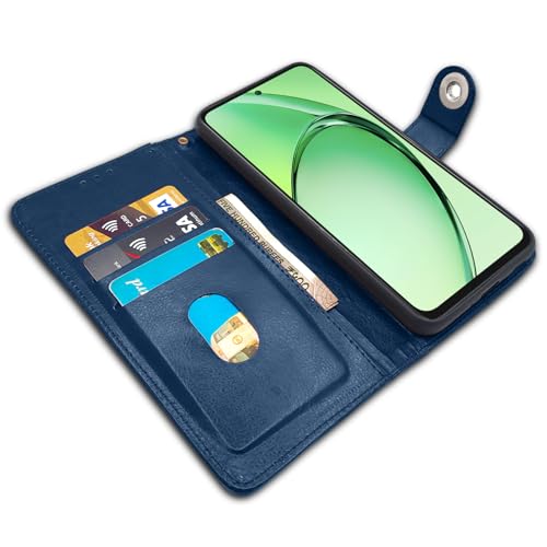 Image of Pikkme Flip Cover Leather Finish | Inside TPU with Card Pockets | Wallet Stand and Shock Proof | Complete Protection Button Flip Case for Oppo K12x 5G (Blue)