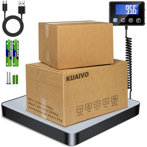 KUAIVO - Postal Scales, 200kg/10g High Precision LCD Display Parcel Scales, Parcel Weighing Scales with Hold and Tare Function for Luggage, Package, Warehouse, 2 AAA Batteries and Charging Cable Included