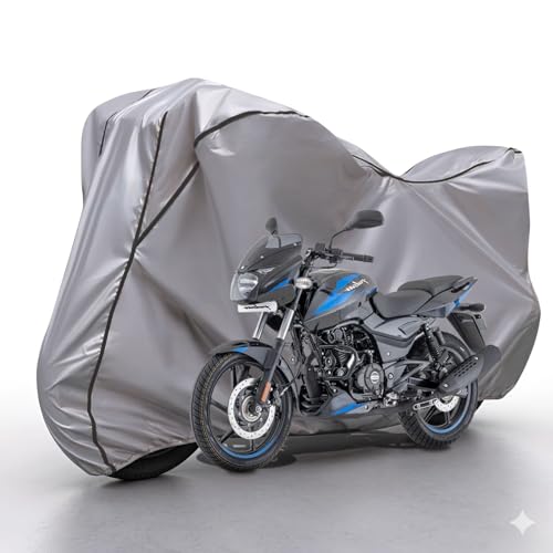 Image of Waterproof Bike Body Cover Compatible with Bajaj Pulsar 150 Dustproof Scratchproof - Motorcycle Cover for Two Wheeler, Outdoor Full Cover with UV, Duty, Rain Protection (Silver & Black)
