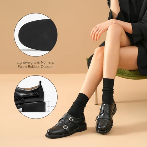 Image of BEAU TODAY Women's Leather Loafers, Wingtip Brogue Monk Strap Shoes | Genuine Leather, Round Toe, Low Heel, Metal Buckle, Non-Slip, Comfortable Business Casual Flats for Work and School