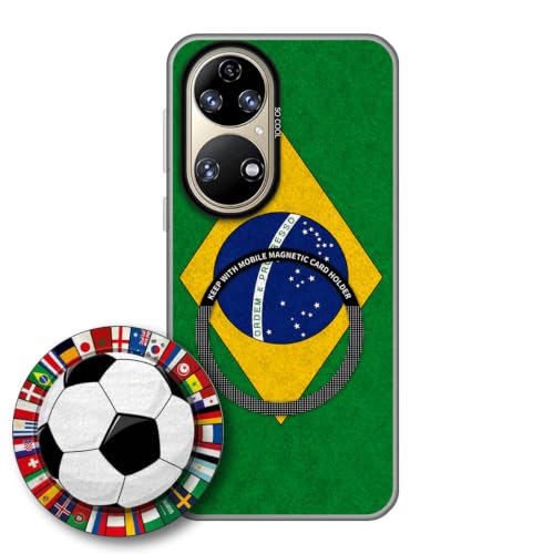 JGOYGYI Case for Huawei P50 with Magnetic Detachable Collapsible Grip Stand, Shockproof Silicone Bumper Cover, Brazil Flag Football Design,Pattern 3