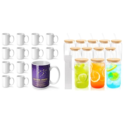 Joyclub Bundle of 12 Set 16oz Glass Cups with Bamboo Lids and Straws and 12 Set 15 oz Sublimation Mugs
