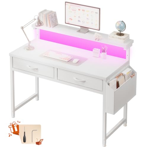 Computer Desk with Drawers LED Lights Monitor Stand