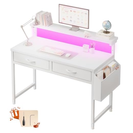 DurayLoly 31" Computer Desk with 2 Drawers & LED Lights,Space Saving,White