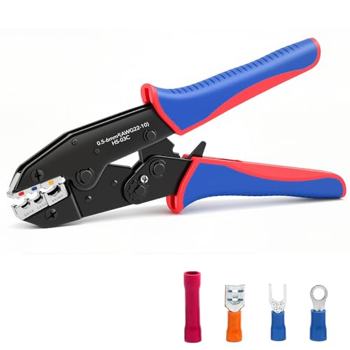 Amliber Wire Crimping Tool for Insulated Electrical Connectors- AWG 22-10 Ratchet Wire Crimper Tool- Racheting Wire Crimps for Insulated Connectors and Terminals