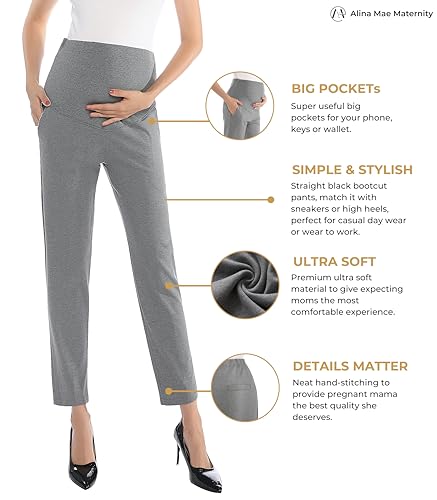Image of Maternity Pants Work Over The Belly with Pockets, Womens Pregnancy Dress Pants Office Clothes Trousers Stretch Summer