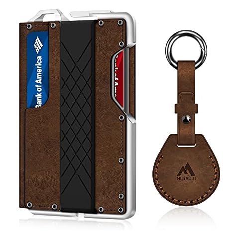 MURADIN Tactical Minimalist Wallet for Men, Slim RFID-Blocking Metal Card Holder, Front Pocket Men’s Leather Dapper Bifold Wallet with Money Clip with Keychain for Airtag Crazy Horse Cover