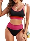 Herseas High Waisted 2 Piece Bikini Set Cute Swimsuit Crop Top Modest Sporty Longline Bathing Suit Cruise Outfits Black Rose Colorblock Medium 8 10
