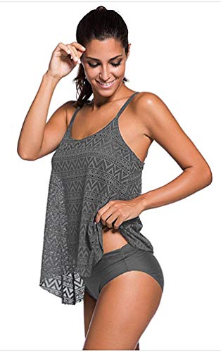 Sucor Damen Sportlich Tankini Mesh Badeanzug Zweiteilig Badeanzüge Elegantes Swimsuit Beachwear mit Bikinislip Plus Size(XL,Grau)