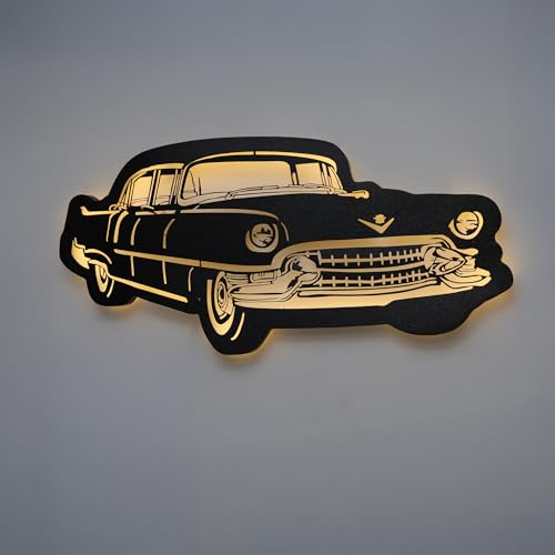 Image of METSY ClassicCar Metal Art backlit Mildsteel | Car Lover Gifts | Metal Car Wall Decor | Metal Wall Art | Wall Hangings for Home Decoration. (Black & Gold (92x44) cm