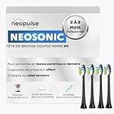 NEOPULSE® - 4 Ersatzbürstenköpfe für elektrische Schallzahnbürste Neosonic® – kompatibel mit Neokids® – 3D: kurze und lange Borsten – Verschleißanzeige, Schwarz, 4 Stück