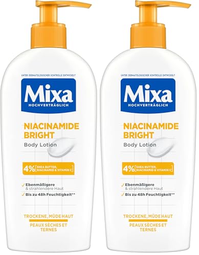 Mixa feuchtigkeitsspendende Bodylotion, Geeignet für Gesicht, Körper & Hände, Für trockene & müde Haut geeignet, Niacinamide Bright, Hypoallergen, 250 ml (Packung mit 2)