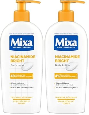 Mixa Loción corporal hidratante, adecuada para cara, cuerpo y manos, adecuada para piel seca y cansada, Niacinamide Bright, hipoalergénica, 250 ml (Paquete de 2) | Ya disponible en tu tienda friki favorita! En mundofriki.es!