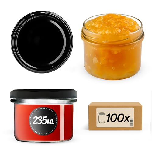 KADAX Lot de 100 pots de confiture de 235 ml avec couvercle à vis noir Ø 82 mm - Pots de conserve pour confiture, chutneys, légumes marinés, pâtés, charcuterie, viande, aliments pour bébés et plus