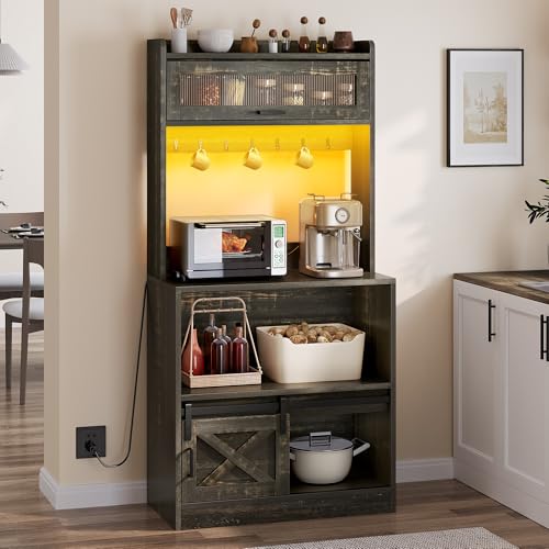 DWVO Bakers Rack with Power Outlet and Storage Cabinet, 5-Tier Farmhouse Kitchen Microwave Stand with LED Lights,Heavy Duty Coffee Bar Table Station with 7 Hooks for Dining Living Room, Black Brown