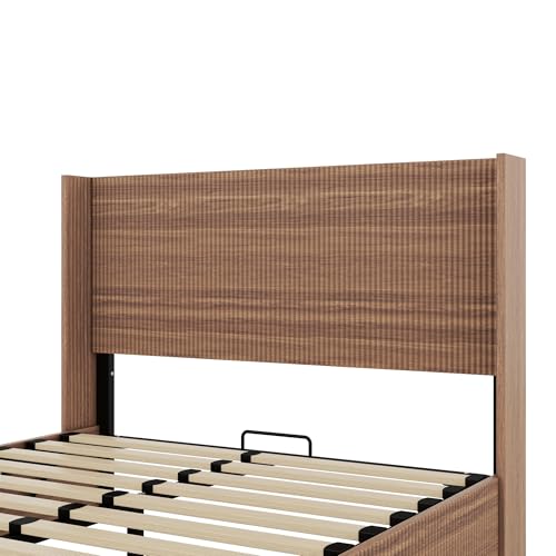Image of Ball & Cast Queen Size Lift Up Storage Bed Frame with Wingback Headboard,Wooden Grooved Undulating Platform Bed Frame Queen with Hydraulic Storage,No Box Spring Needed,Rustic Brown