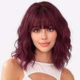 Nnzes Bob Curly Wig Synthetic Short Wine Red Wig with Bangs Natural Looking Heat Resistant Fiber Hair for Women