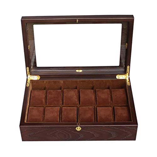 ZWH-Cajas para Relojes Joyería De Madera De Visualización 12 del Soporte del Reloj Caso del Almacenaje del Organizador De La Caja con La Tapa De Cristal con La Cerradura De Bloqueo Cover