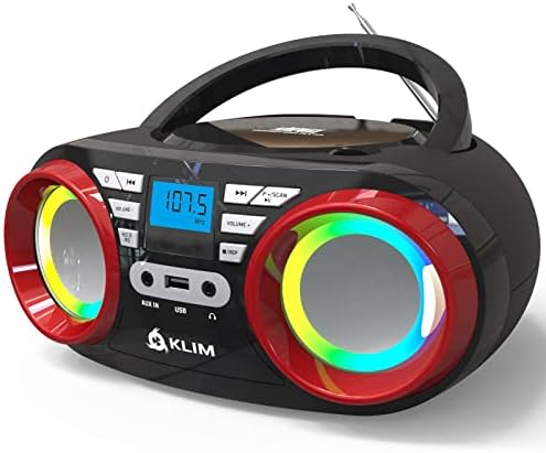 KLIM B3 Portable CD Player - NEW 2023 - FM Radio CD MP3 Bluetooth AUX USB RGB Lights - CD Boombox - Wired and Wireless Mode with Rechargeable Batteries - Upgraded CD Laser Lens - Digital EQ - Red