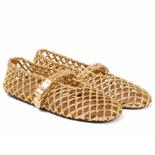 Women's Fishnet Ballet Flats Woven Breathable Ballerina Shoes Buckle Strap Black Round Toe Casual Work Shoes