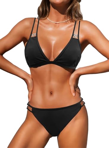 NLAND Bikini Sexy a Triangolo da Donna con Doppia Cinghia Costume da Bagno in 2 Pezzi con Cinghie Regolabili Costume da Bagno in Stile Brasiliano(Nero,M)