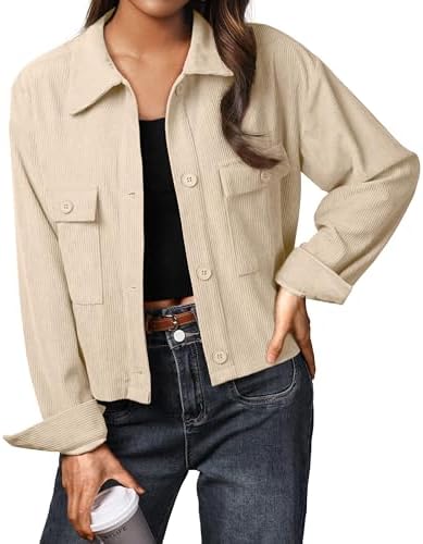 IWOLLENCE Cordjacke Damen Hemdjacke Cordhemd Kurzjacke Langarm Revers Button-Down Shacket Mantel
