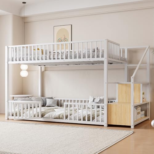 Image of Bellemave Metal Bunk beds Twin Over Twin with Guardrail and Storage Stairs, Floor bunk Bed with guardrail for Kids, White