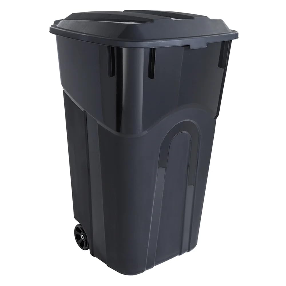 32 Gallon Plastic Garbage Can with Attached Lid, Wheeled Trash Bin, Outdoor/Indoor Use, Black