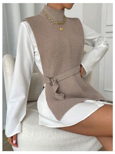 Image of Verdusa Women's Split Belted Sweater Vest High Neck Sleeveless Pullover Top Khaki Small