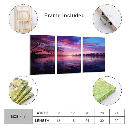 Peintures à thème coucher de soleil violet triptyque mural suspendu