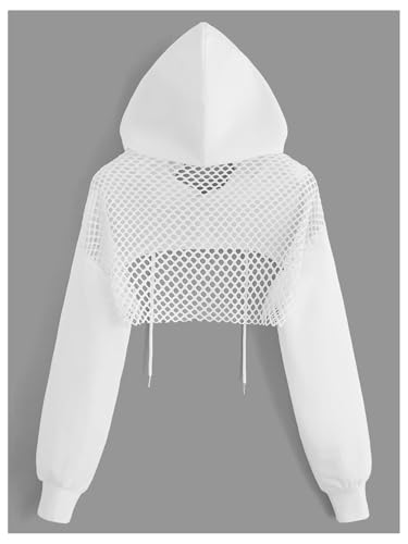 SHENHE Women's Fishnet Long Sleeve Drawstring High Low Workout Hoodie Crop Tops2