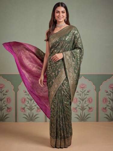 Image of AKHILAM Women's Multicolor Litchi Silk Ethnic Motif Print Saree With Unstitched Blouse Piece|sarees for women | litchi silk sarees