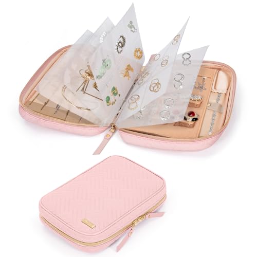 Image of Travel Jewelry Box, Small Zipper Jewelry Boxes, Portable Jewellery Storage Holder Display, Storage Ring Binder, for Rings, Earrings, Necklaces, Bracelets, Pink