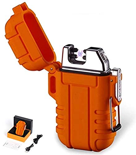 Outdoors Waterproof Lighter USB Electronic Rechargeable Pulse Plasma Lighter Double Arc Plasma Lighter Perfect for Outdoors Camping Hiking Travelling Gas Stove BBQ Camping Trip Fire Starter (Orange)