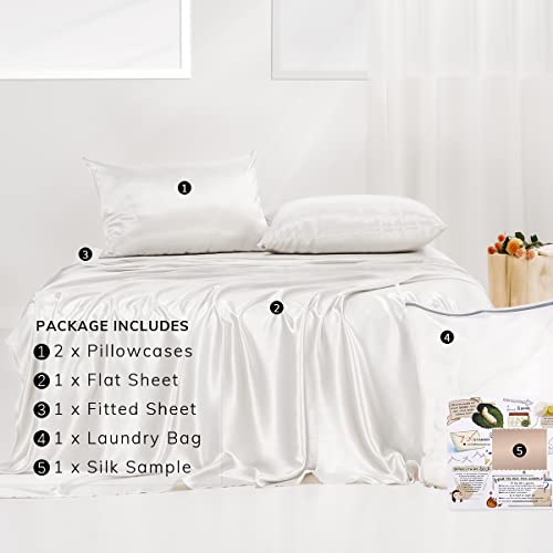 Promeed 100% Silk Sheet Set White With Flat Sheet, Deep Pocket Fitted Sheet And Pillowcases, Ultra Soft 23 Momme Natural Silk Bedding Sheets Set 4 Pieces (White, King) #TOP5