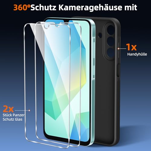 Olgary Silikon Hülle für Samsung Galaxy A16 4G/5G Hülle, 1 Handyhülle mit 2 Stück Panzer Schutz Glas, Weiche TPU Slim Case, Militärischer Schutz Kratzfest Stoßfest Schutzhülle Cover, Schwarz