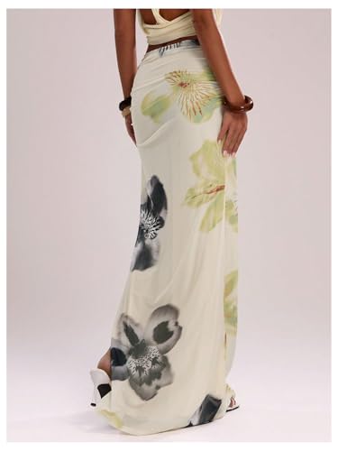 GORGLITTER Women's Floral Print Ruched Bodycon Maxi Skirts Trendy Dressy Fall Low Waisted Y2k Split Long Skirts 20252