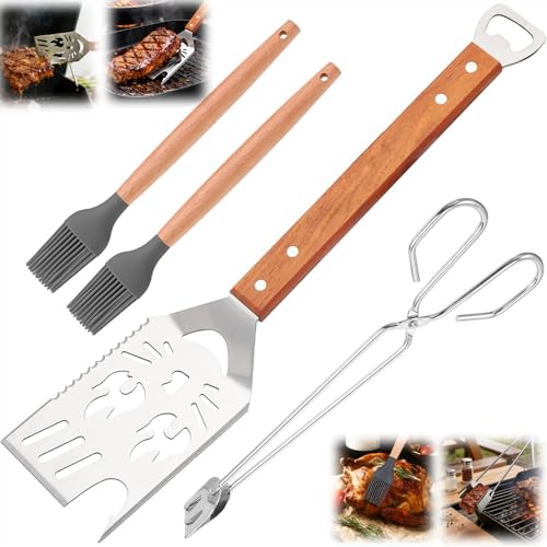 Grilling Accessories BBQ Grill Tools Set with Spatula Tongs Brush & Bottle Opener Stainless Steel Outdoor Barbecue Kit Funny Grilling Gifts for Men