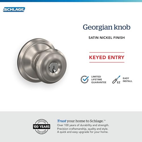 Image of Schlage F51A GEO 619 Georgian Door Knob, Keyed Entry Lock, Satin Nickel