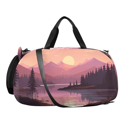 YETTASBIN Sport Travel Duffel Bag for Girls Boys, Nature Mountain Large Waterproof Weekender Overnight Bag, Detachable Shoulder Strap Gym Bag with Shoe Compartment & Wet Pocket2