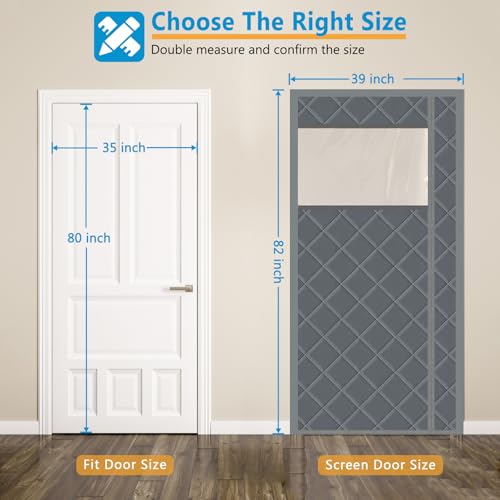 Magnetic Thermal Insulated Door Curtain, 35 x 80 Inch Winter Door Cover Curtain Size 39 x 82 Waterproof Thick Insulation Blanket with Visible Window Side Opening Gray — view 2