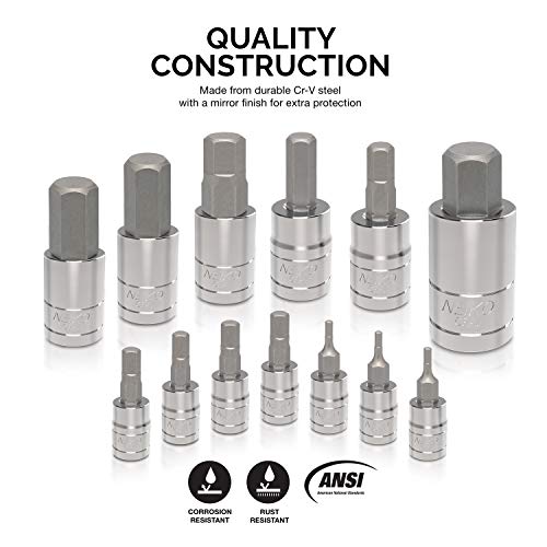 Neiko 10074A Hex Bit Socket Set, Metric, 2mm to 14mm | 13-Piece Set, S2 and Cr-V Steel, 1/4”, 3/8” and 1/2-Inch Drive