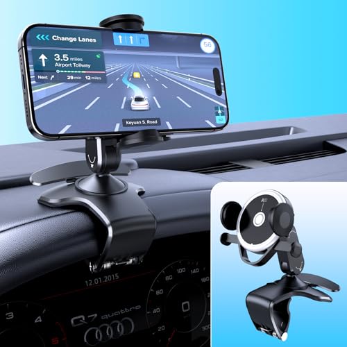 DRPHKTT Universal 360° Rotating Dashboard Phone Holder for Car - Spring Clip Car Phone Mount, No Adhesive No Tools, Multi-Angle Adjustable Clip-On Holder for 4-7 inches Smartphones (Black)
