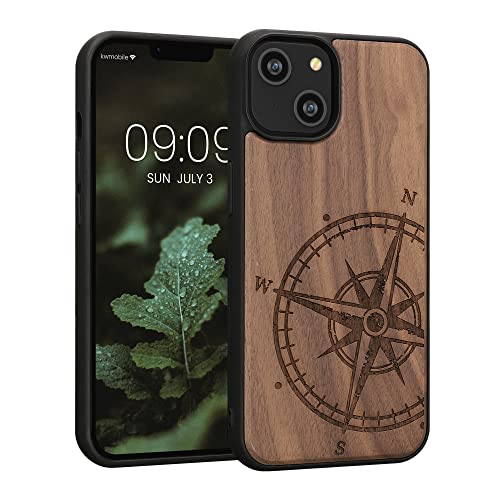 kwmobile Custodia Compatibile con Apple iPhone 14 Cover - Back Case in Legno con Bumper in Silicone TPU - Bussola Vintage Marrone Scuro