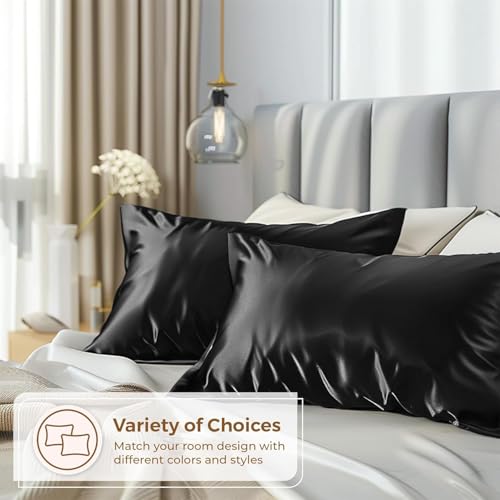 Image of Satin Pillow Covers Set of 2 with 3 Free Random Color Hair Scrunchies - Anti-Frizz, Skin-Friendly, Soft & Durable Pillowcase Set for All Hair Types (Black)