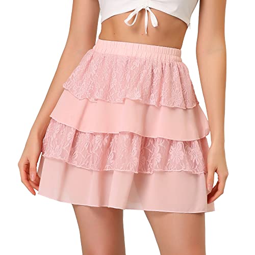 Allegra K Mini Jupe à Volants en Dentelle Taille Haute pour Femme Rose S